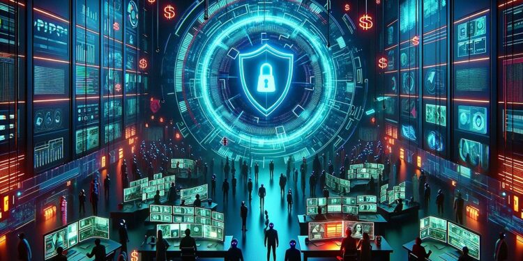 Signo de seguridad en un cuarto lleno de computadoras con dólares en sus pantallas.