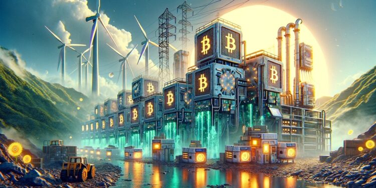 Granja de minería de Bitcoin con un río enfrente y molinos de viento detrás.