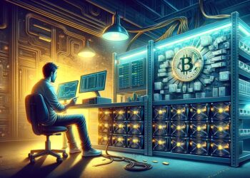 Hombre sentado frente a computadora con varios asic de bitcoin conectados.