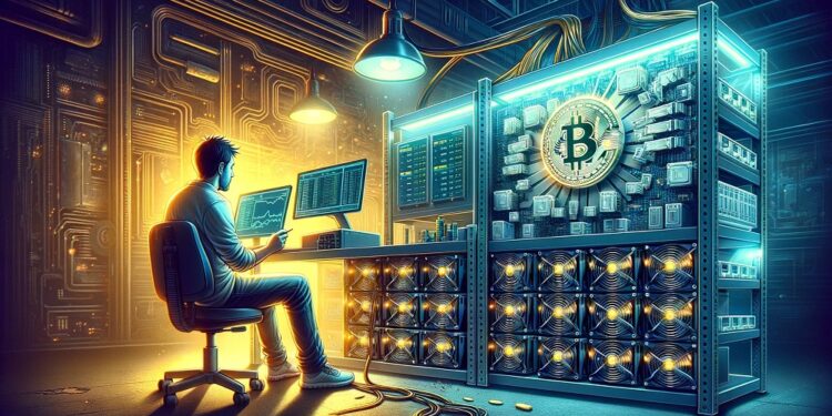 Hombre sentado frente a computadora con varios asic de bitcoin conectados.