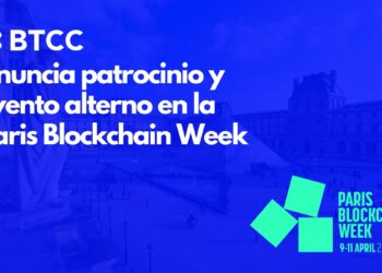 Pancarta promocional del evento Paris Blockchain Week patrocinado por BTCC.