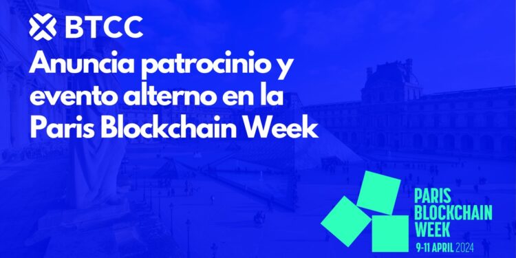 Pancarta promocional del evento Paris Blockchain Week patrocinado por BTCC.
