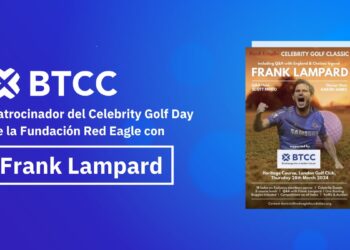 Pancarta promocional del evento benéfico Celebrity Golf Day patrocinado por BTCC Exchange.