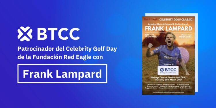 Pancarta promocional del evento benéfico Celebrity Golf Day patrocinado por BTCC Exchange.