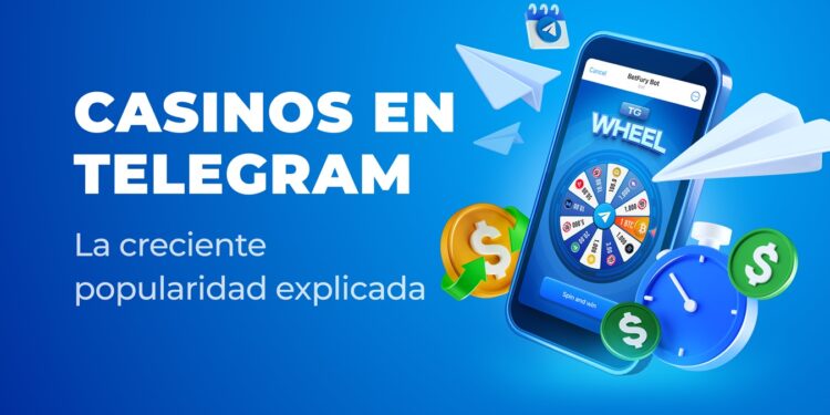 Telefono celular con una ruleta en pantalla y logos de Telegram volando alrededor.