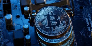 Monedas de Bitcoin sobre una tarjeta de computadora
