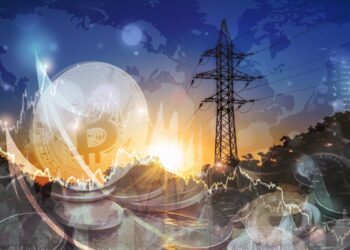 un tendido eléctrico y símbolo de Bitcoin a un lado