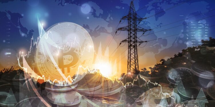 un tendido eléctrico y símbolo de Bitcoin a un lado