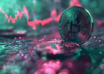 Una moneda de bitcoin y gráficos de precio al fondo