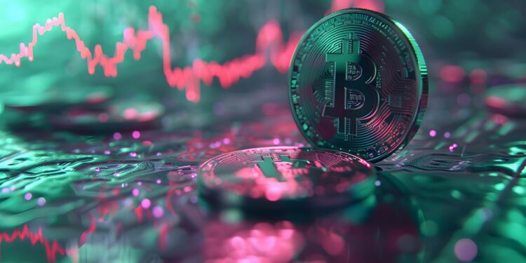 Una moneda de bitcoin y gráficos de precio al fondo