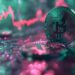 Una moneda de bitcoin y gráficos de precio al fondo