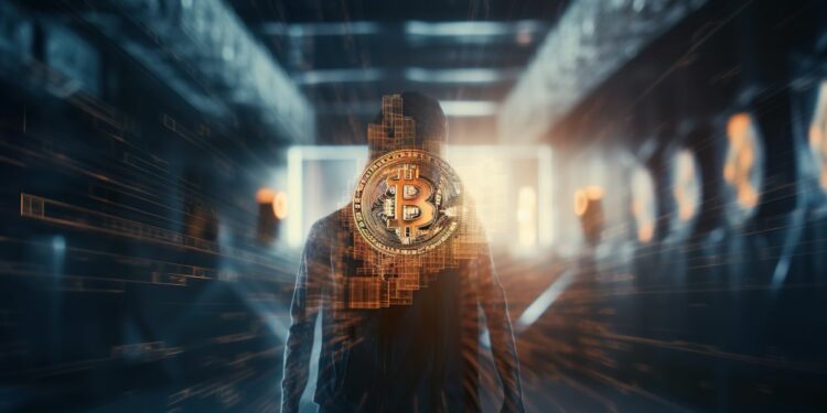 la silueta de una persona en un largo pasillo y una moneda de bitcoin superpuesta