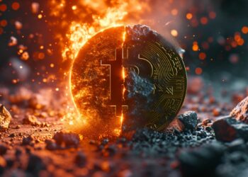 Una moneda de bitcoin en llamas y parcialmente destruida