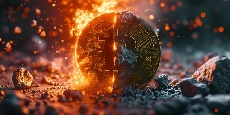 Una moneda de bitcoin en llamas y parcialmente destruida