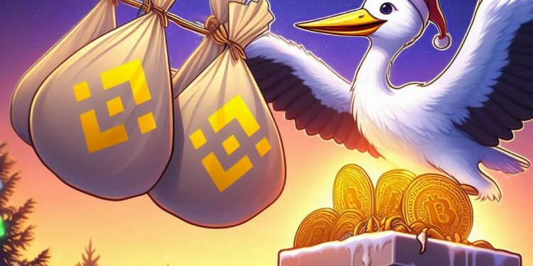 Cigueña entregando bolsas de monedas de Binance.