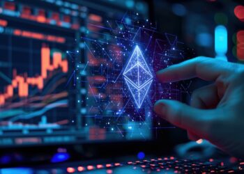 Una pantalla con gráfico de precio, símbolo de Ethereum y una mano seleccionando algo