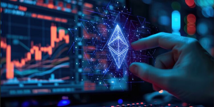 Una pantalla con gráfico de precio, símbolo de Ethereum y una mano seleccionando algo