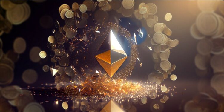 Logo de Ethereum en dorado y monedas flotando al rededor