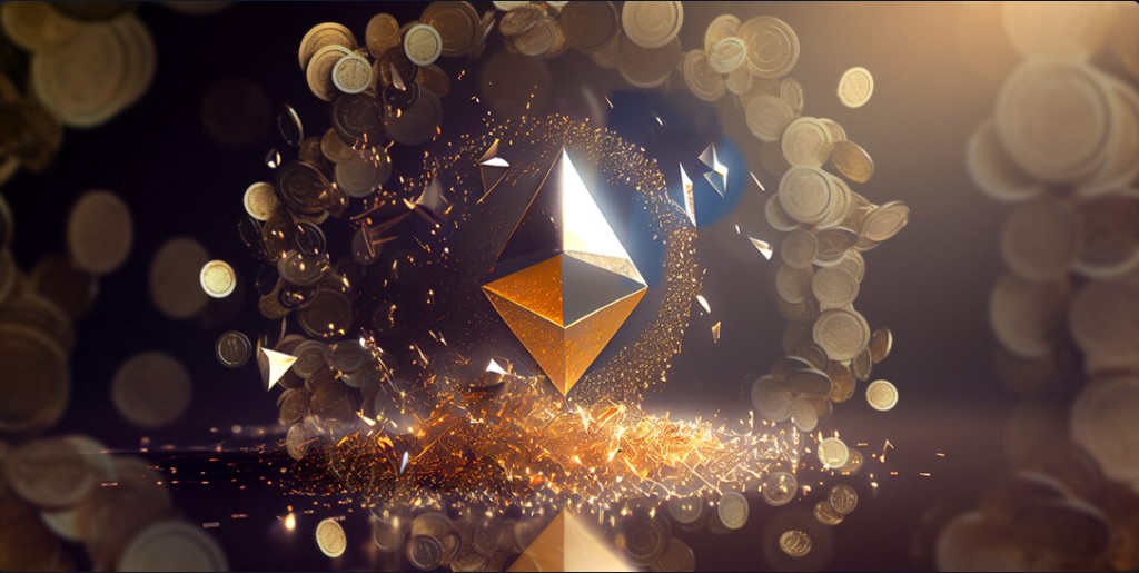 Logo de Ethereum en dorado y monedas flotando al rededor