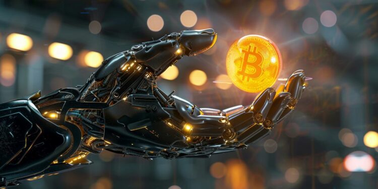 Una mano robótica sosteniendo una moneda de bitcoin