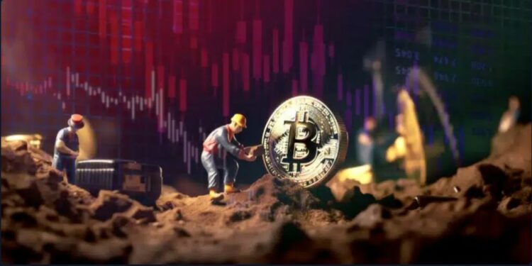 Mineros de Bitcoin trabajando en una moneda gigante de BTC y gráficos de precio en rojo al fondo