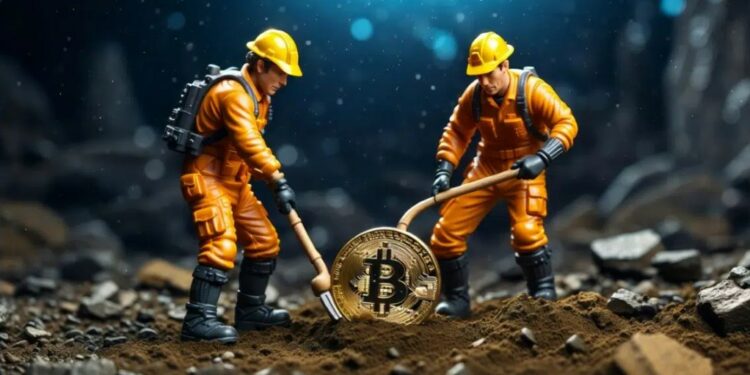 MIneros trabajando con herramientas manuales alrededor de una moneda de Bitcoin
