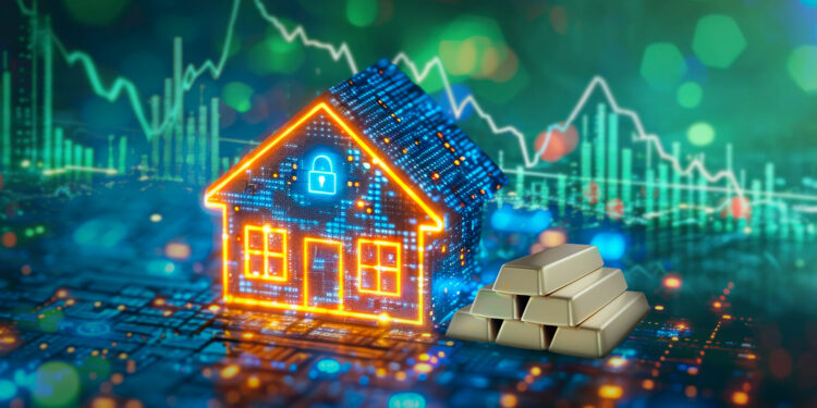 Una pila de barras de oro al lado de una casa diminuta iluminada con fondo de graficos de precio.