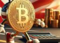 Una moneda física de bitcoin sobre un escritorio que tiene una calculadora. De fondo hay una bandera de Estados Unidos.