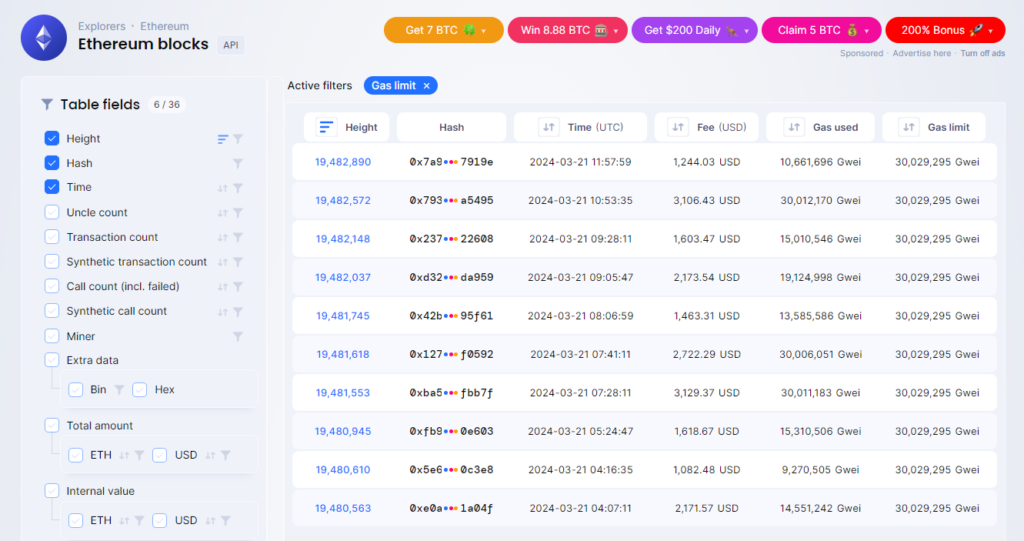 Bloques Ethereum gas.