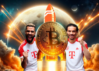 Bitcoin en cohete con logo de Libertex.