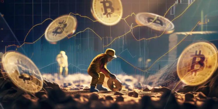 Un minero excavando la tierra y monedas de Bitcoin alrededor y gráficos de precio superpuestos