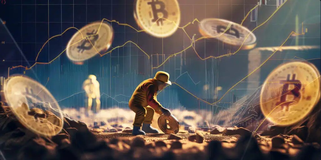 Un minero excavando la tierra y monedas de Bitcoin alrededor y gráficos de precio superpuestos