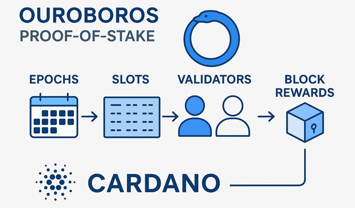 Diagrama de funcionamiento del protocolo de consenso Ouroboros de Cardano.