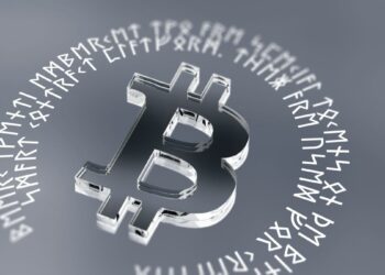 Símbolo de Bitcoin rodeado de símbolos de runas