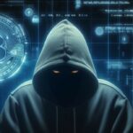 Una persona oculta su rostro con una sudadera con capucha. De fondo se observa una moneda de bitcoin,