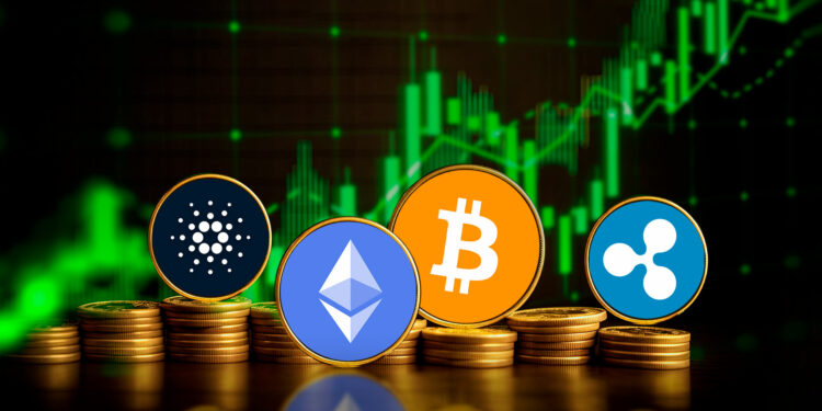 Criptomonedas y gráfico en alza.