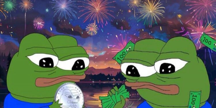 Dos memecoin de Apu con billetes de 100 en las manos.