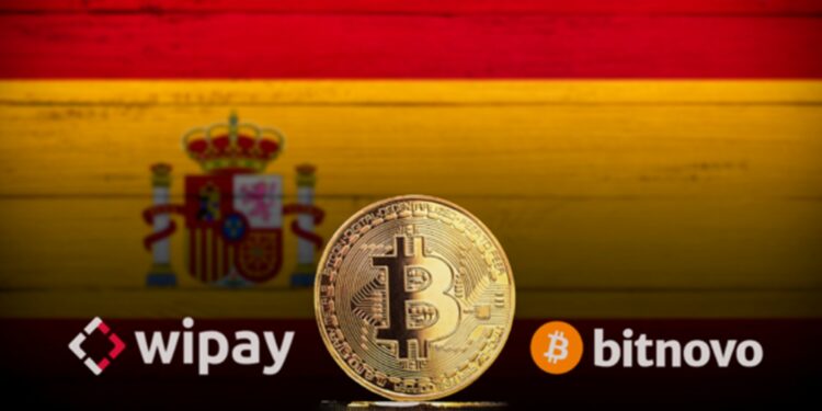 Bitcoin, bandera de España y logos de Wipay y Bitnovo.