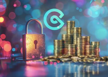 Pilas de monedas doradas con un candado a la izquierda y el logo de Coinex al fondo.