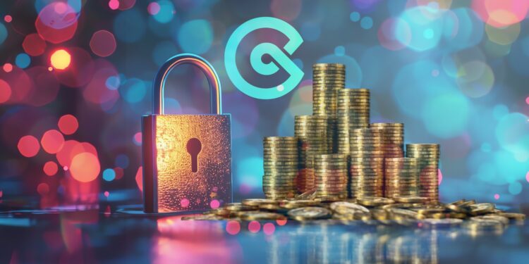 Pilas de monedas doradas con un candado a la izquierda y el logo de Coinex al fondo.