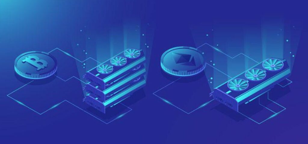 Monedas de bitcoin y Ether conectadas a mineros.