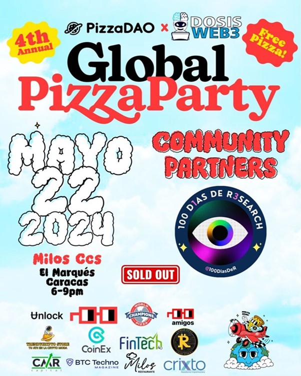 Pancarta promocional de la celebracion del Pizza Day en PizzaDAO  en Caracas, Venezuela.