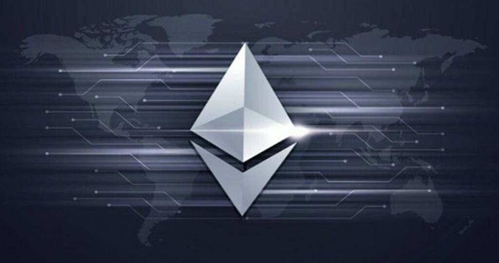 Logo de Ethereum sobre mapa mundi.