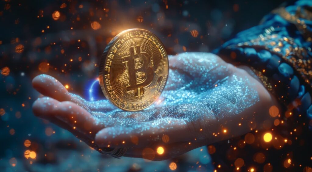Una mano sosteniendo un Bitcoin entre chispas doradas como de magia