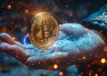 Una mano sosteniendo un Bitcoin entre chispas doradas como de magia