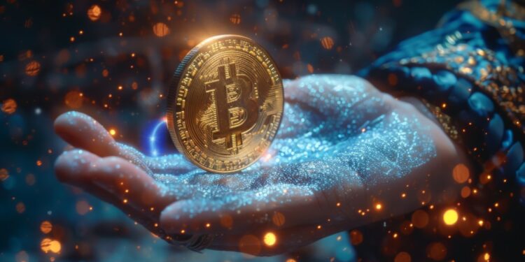 Una mano sosteniendo un Bitcoin entre chispas doradas como de magia