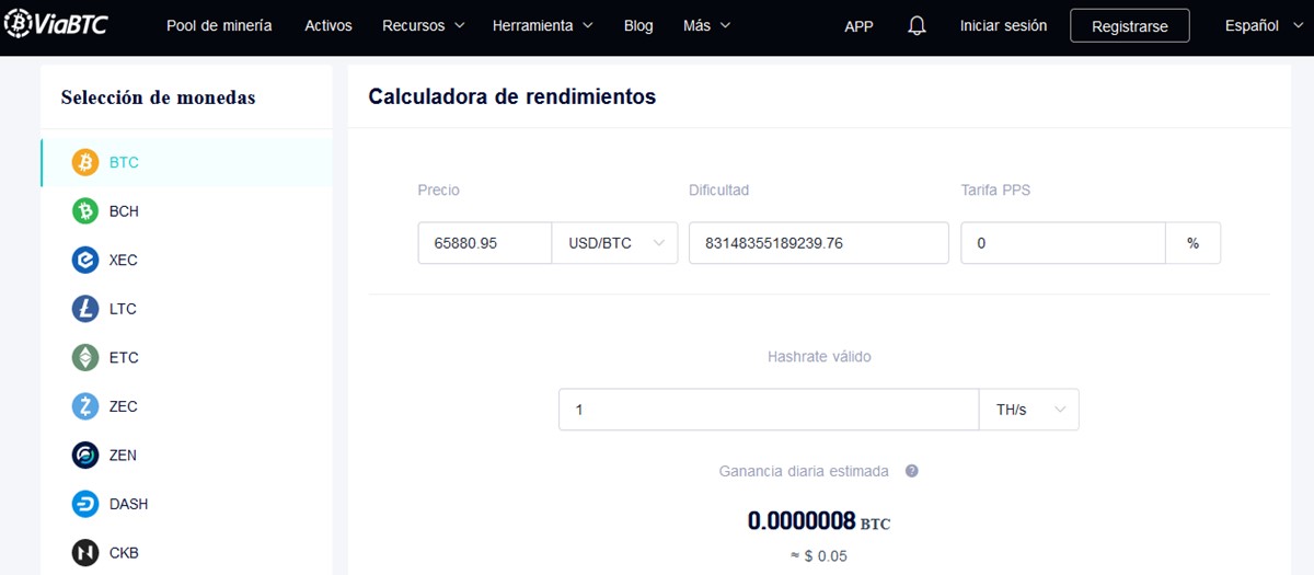Captura de pantalla de la pagina de configuracion de la calculadora de rendimientos.
