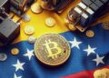 Mineros y monedas de Bitcoin sobre una bandera de Venezuela.