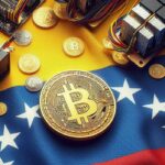 Mineros y monedas de Bitcoin sobre una bandera de Venezuela.