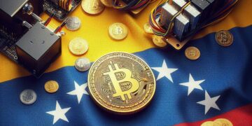 Mineros y monedas de Bitcoin sobre una bandera de Venezuela.